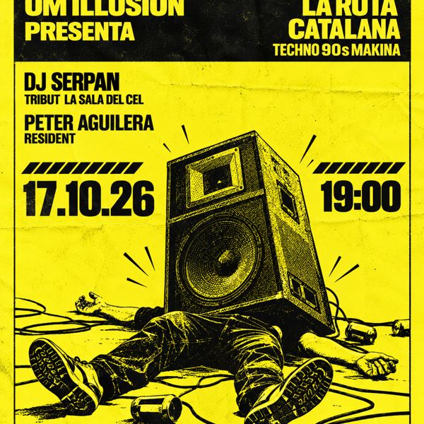 Cartell groc de La Ruta Catalana amb un bafle caigut sobre un noi