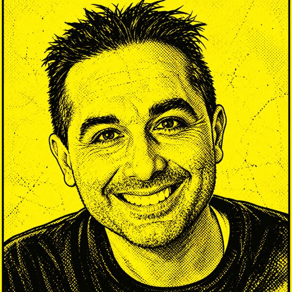 Retrat pop art de Peter Aguilera en groc i negre