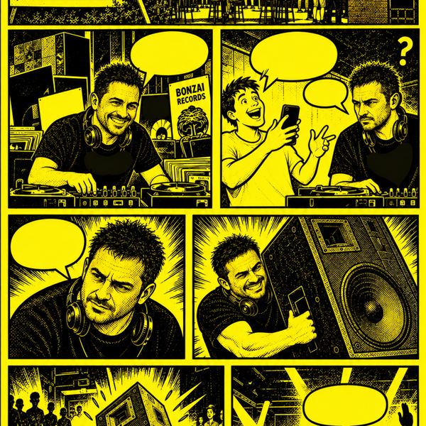 Còmic groc amb el DJ i la terrassa del Clàssic Bar
